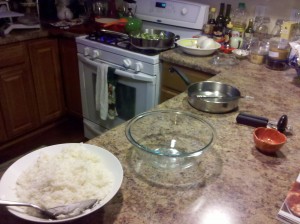 My kitchen as I made my chicken curry, rice, and veggies.