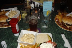 Dinner at EBC A picture of plates of food and beer - sandwiches and macaroni and cheese.
